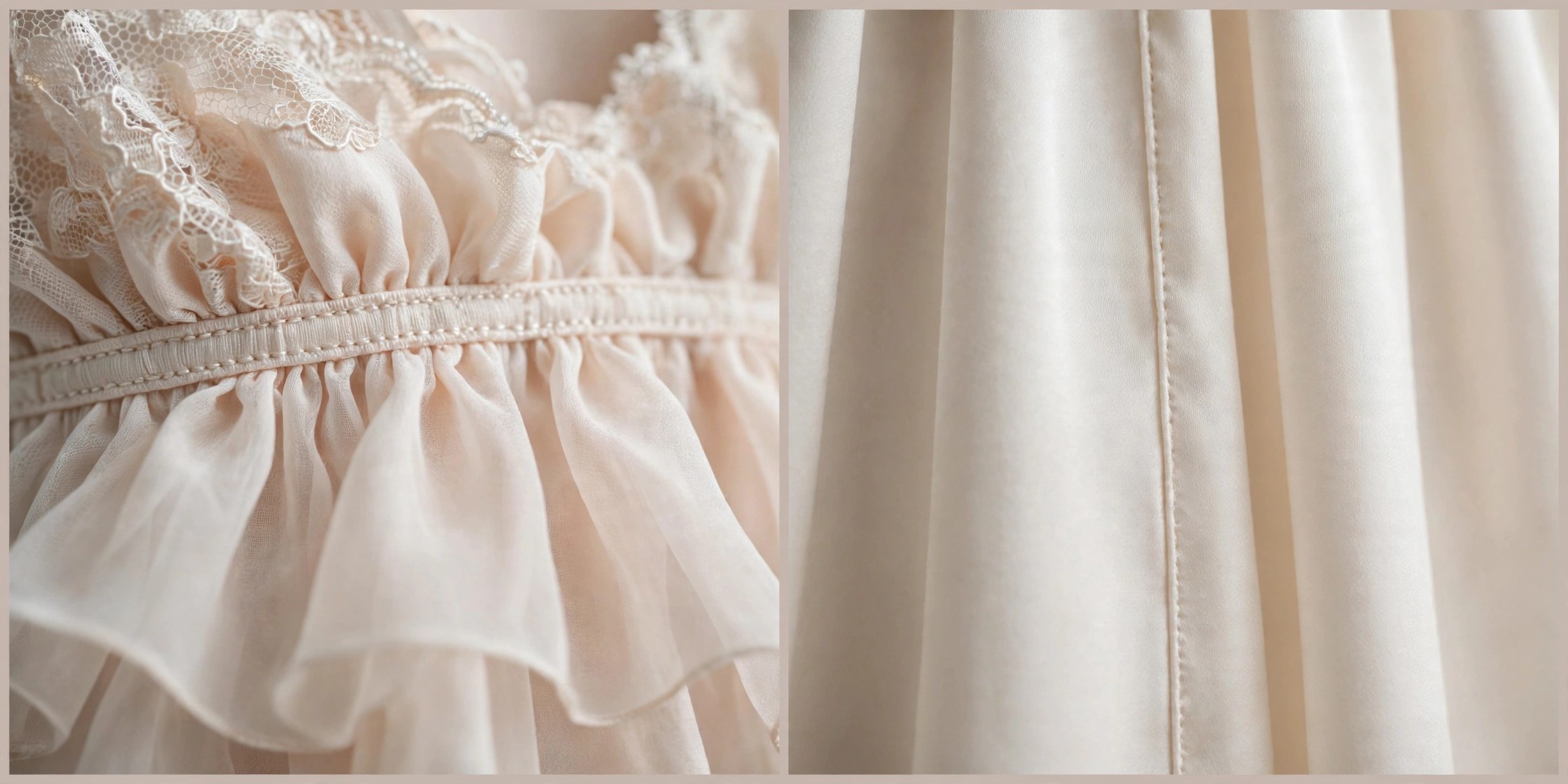 Macro comparison of lingerie construction: gathered fabric releasing from an empire seam typical of a babydoll (left) versus a straight slip-style seam with continuous satin drape typical of a chemise (right)