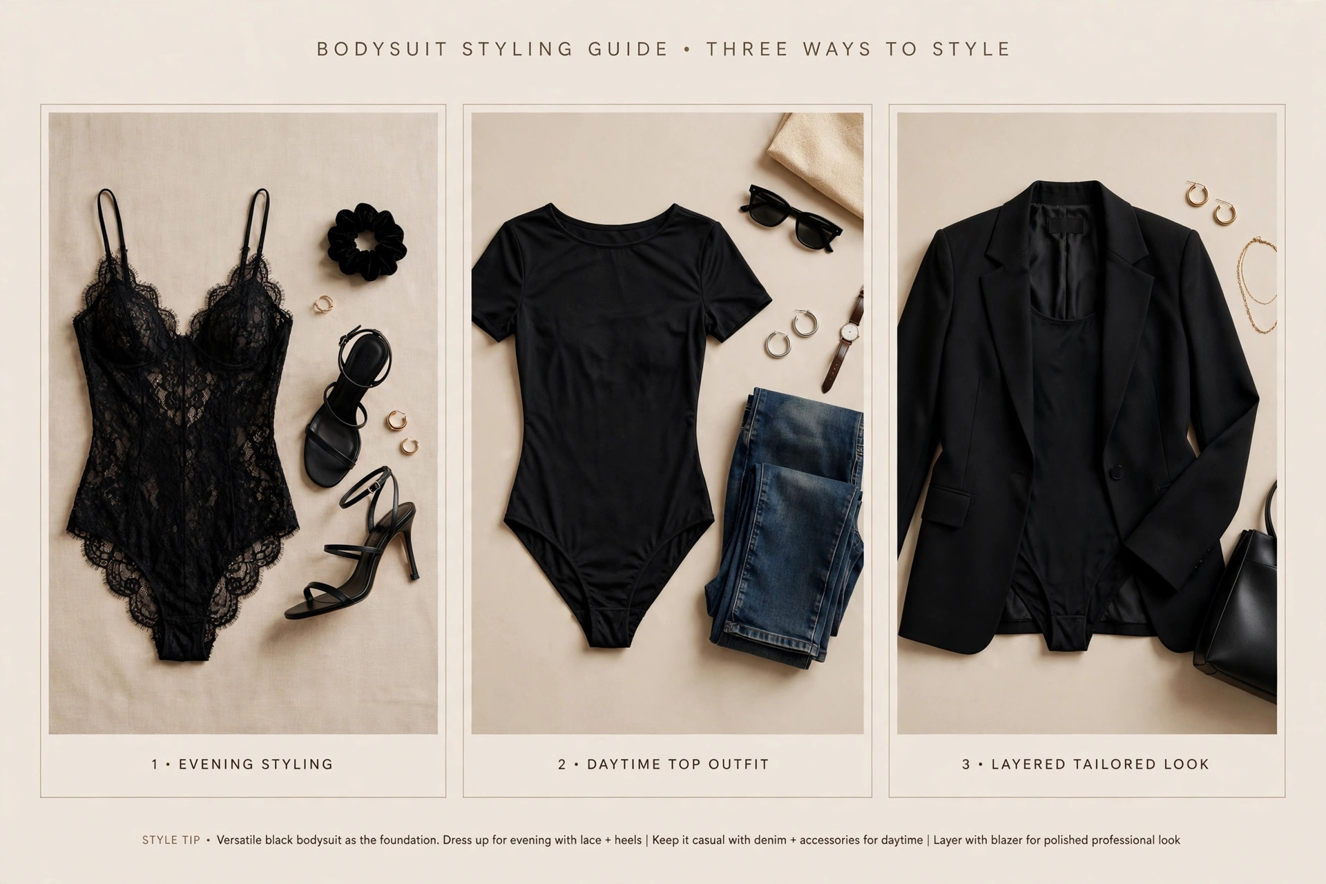 Three ways to style a one-piece: lace bodysuit for evening, microfiber bodysuit with jeans as a daytime top, bodysuit layered under a blazer