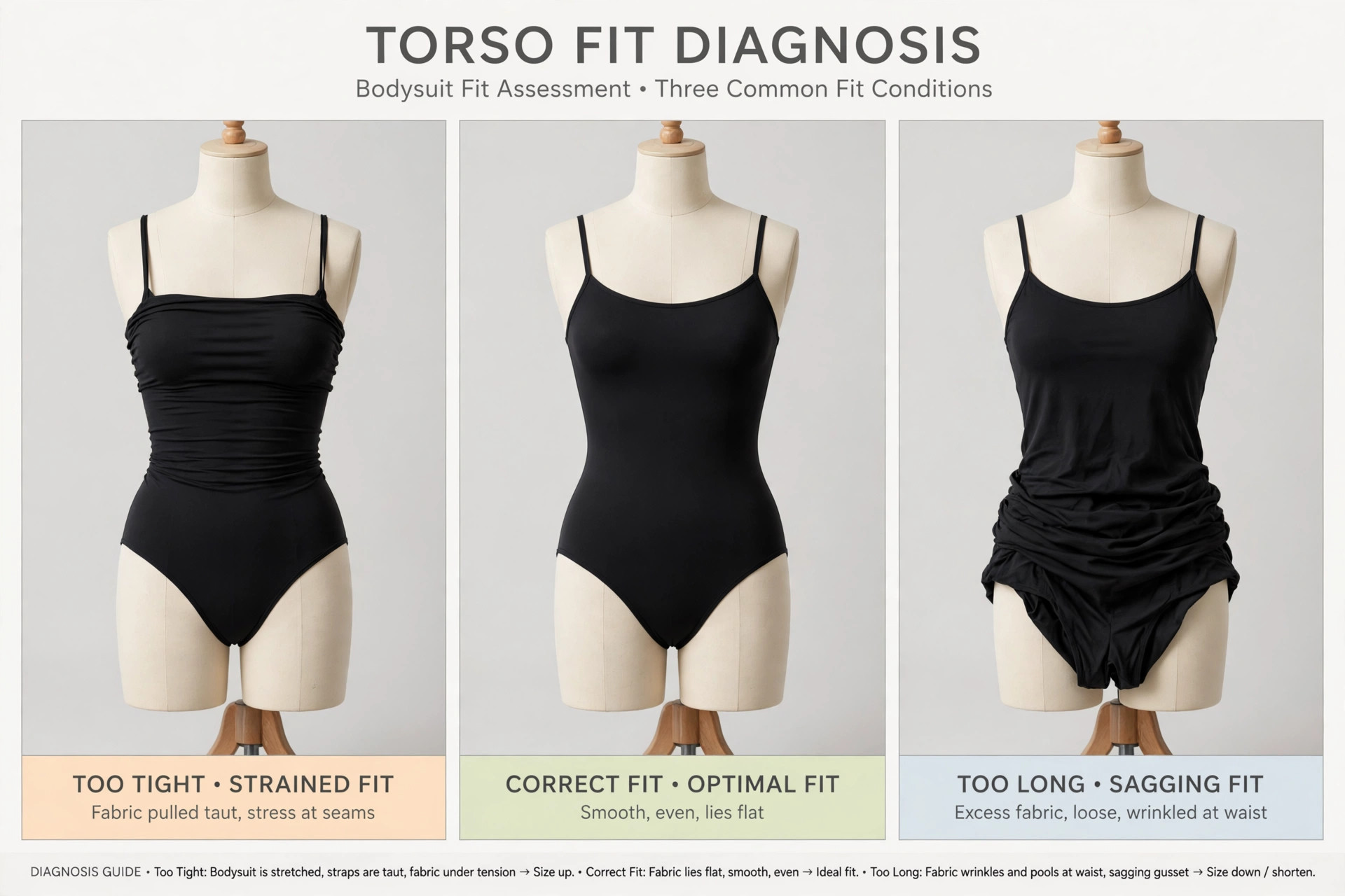 Torso fit diagnosis for one-piece garments: strained fit vs correct fit vs sagging fit shown on dress forms