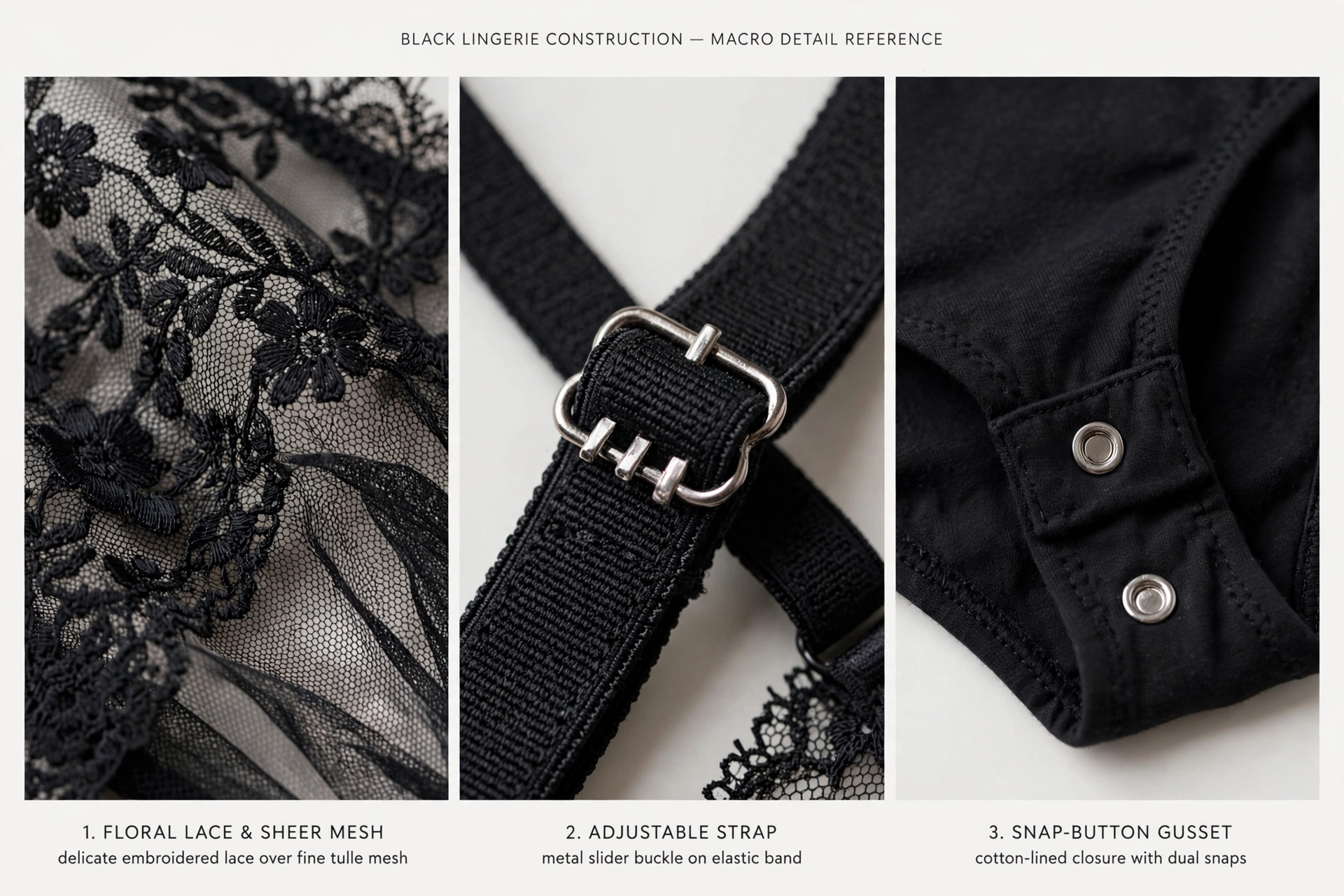 Macro details of lingerie construction: floral lace and sheer mesh, adjustable strap slider, and snap-button gusset closure