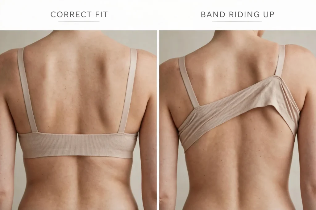 Realistic photo comparison of a correctly fitted level bra band versus a bra band riding up the back