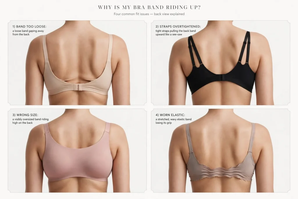 Realistic four-panel visual showing four common causes of a bra band riding up: loose band, overtightened straps, wrong size, and worn elastic