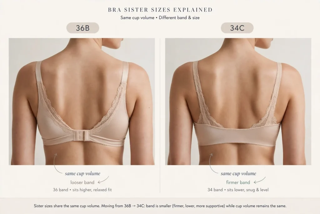 Educational visual showing bra sister sizes 36B and 34C with the same cup volume and a firmer band