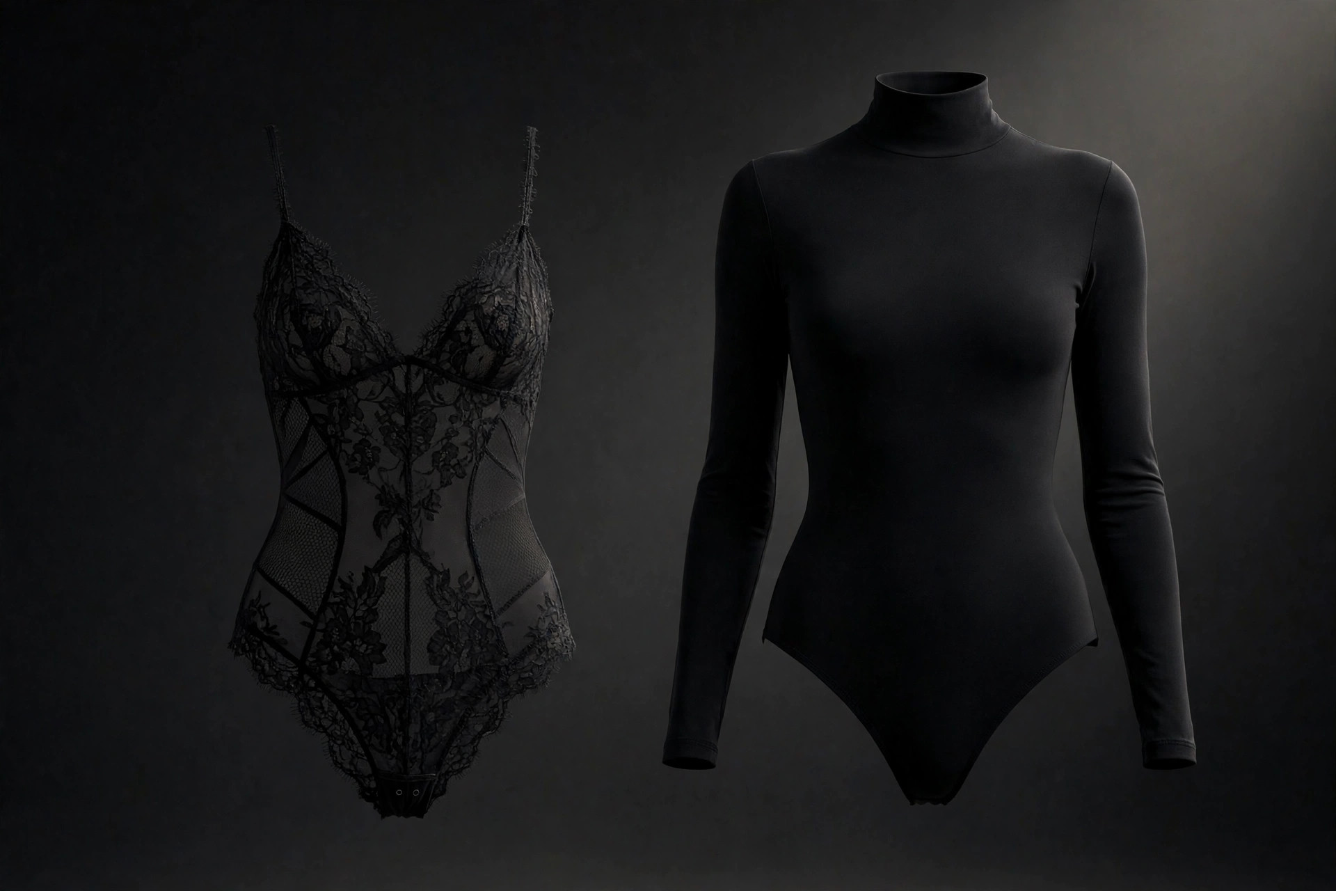 Black lace teddy and black microfiber bodysuit displayed side by side — a bodysuit vs teddy editorial comparison