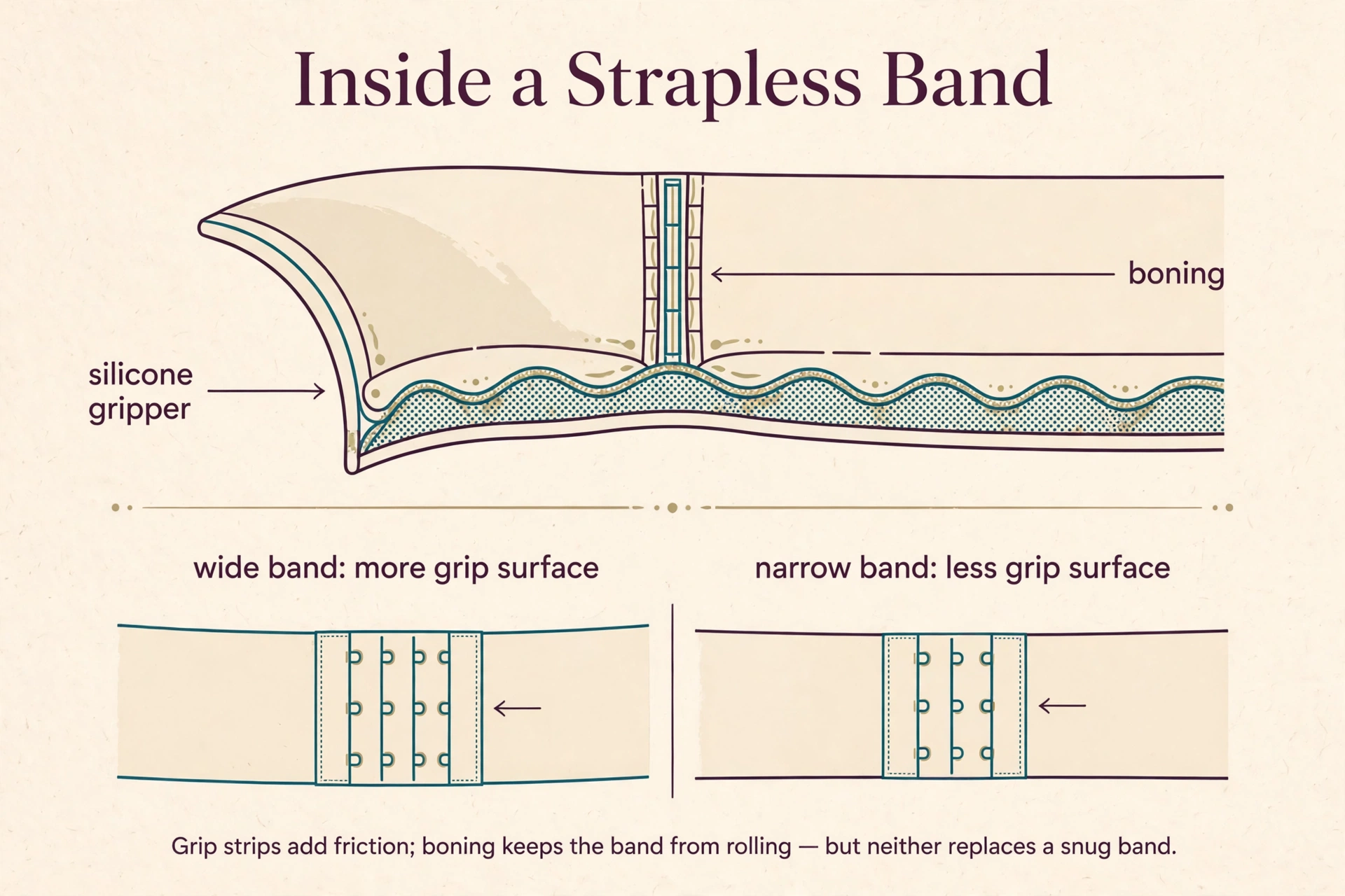 Diagram of strapless bra band construction showing the silicone gripper strip, side boning, and the difference in grip surface between wide and narrow bands.