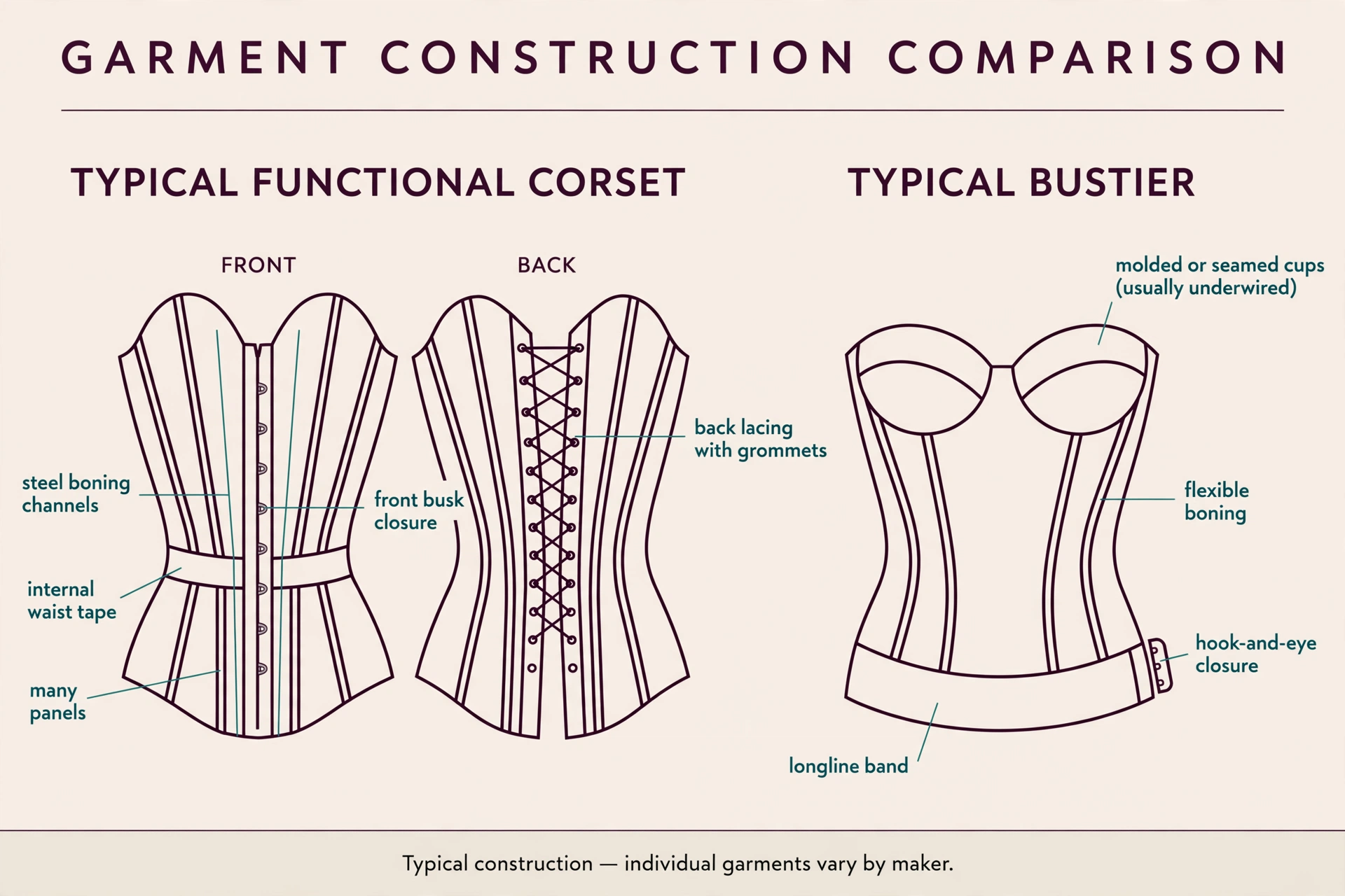 Annotated garment schematics comparing a typical functional corset (front busk, steel boning, waist tape, back lacing) with a typical bustier (cups, flexible boning, longline band, hook-and-eye closure).