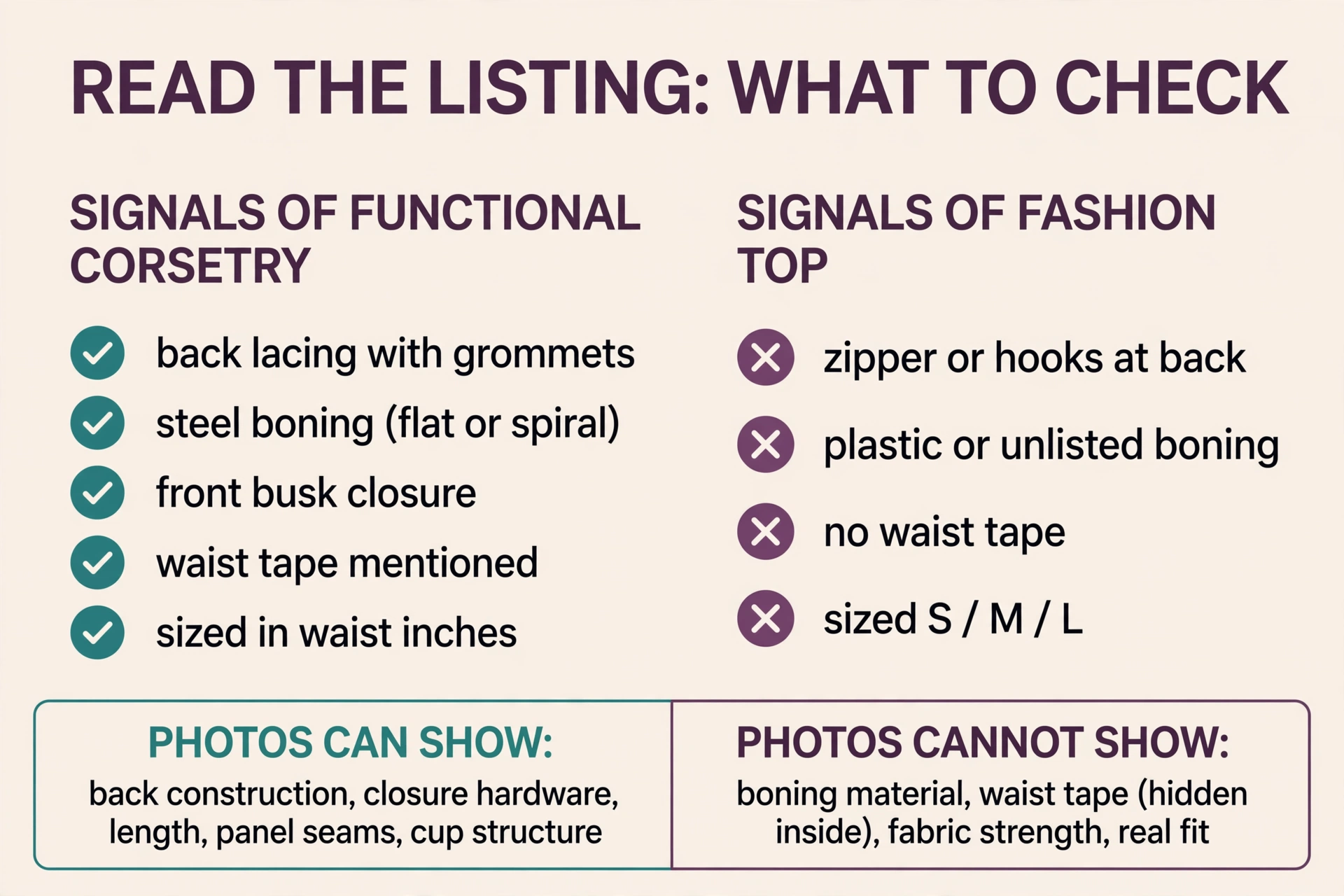 Checklist diagram of listing signals: back lacing, steel boning, busk, waist tape, and waist-inch sizing signal functional corsetry; zipper, plastic boning, and S/M/L sizing signal a fashion top; plus what photos can and cannot show.